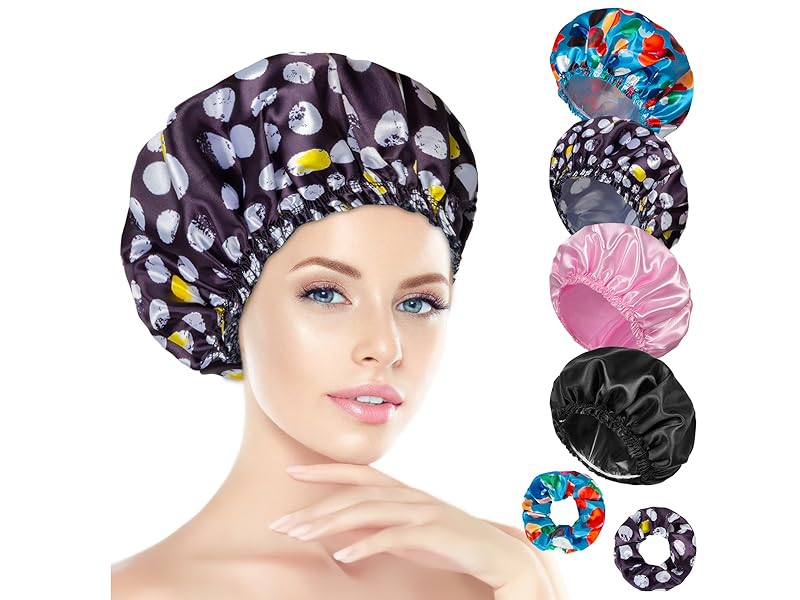 Shower Cap for Women Set of 4, Bath Caps, Double Layers Hair Caps + 2 Satin Hair Scrunchies, Reusable Waterproof Shower Caps, Elastic Hair Cap for Shower - Pattern A