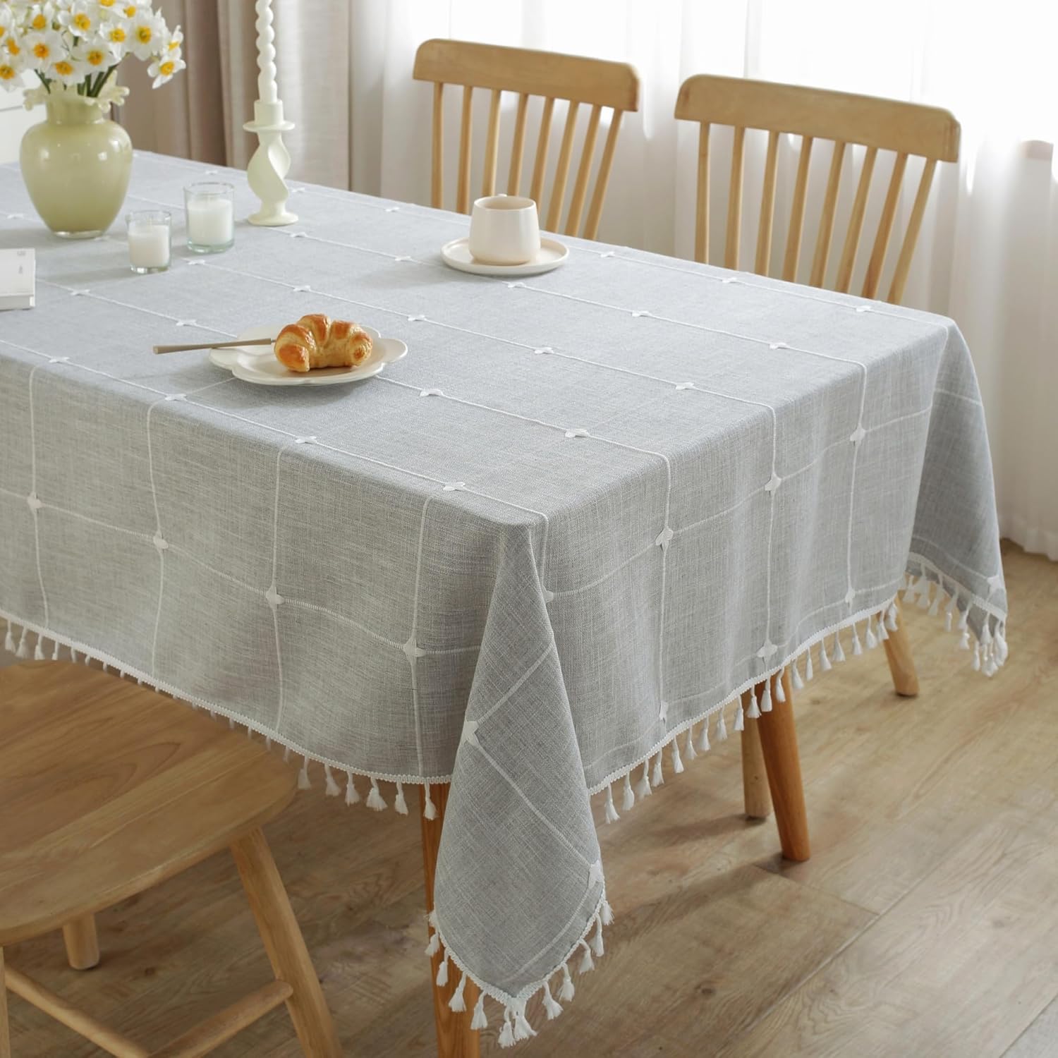 Tablecloths for Rectangle Tables, Cotton Linen Table Cloth Waterproof Tablecloth Wrinkle Free Farmhouse Dining Tables Cover, Soft Fabric Table Cloths with Tassels, Brown, 55" X 70", 4-6 Seats
