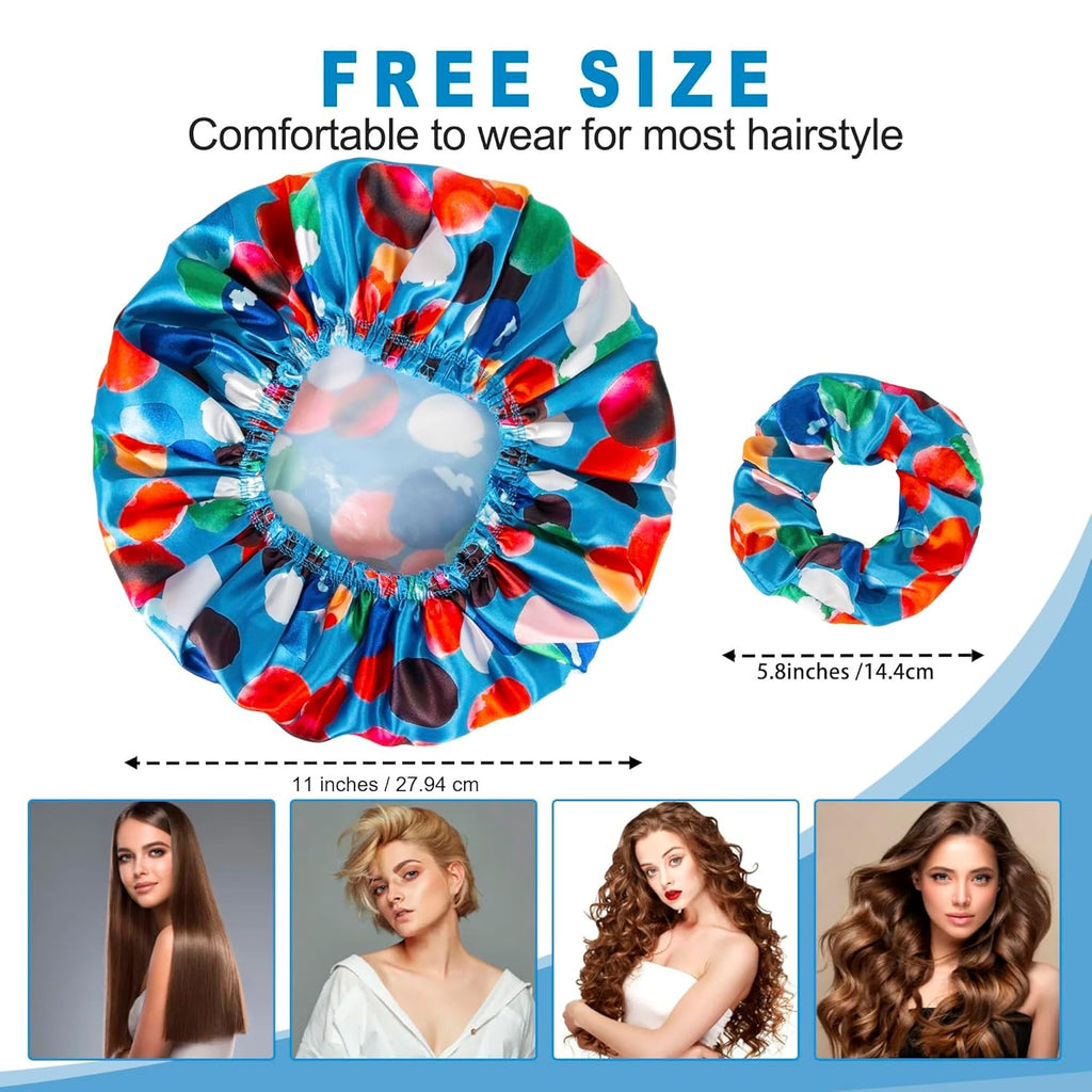 Shower Cap for Women Set of 4, Bath Caps, Double Layers Hair Caps + 2 Satin Hair Scrunchies, Reusable Waterproof Shower Caps, Elastic Hair Cap for Shower - Pattern A