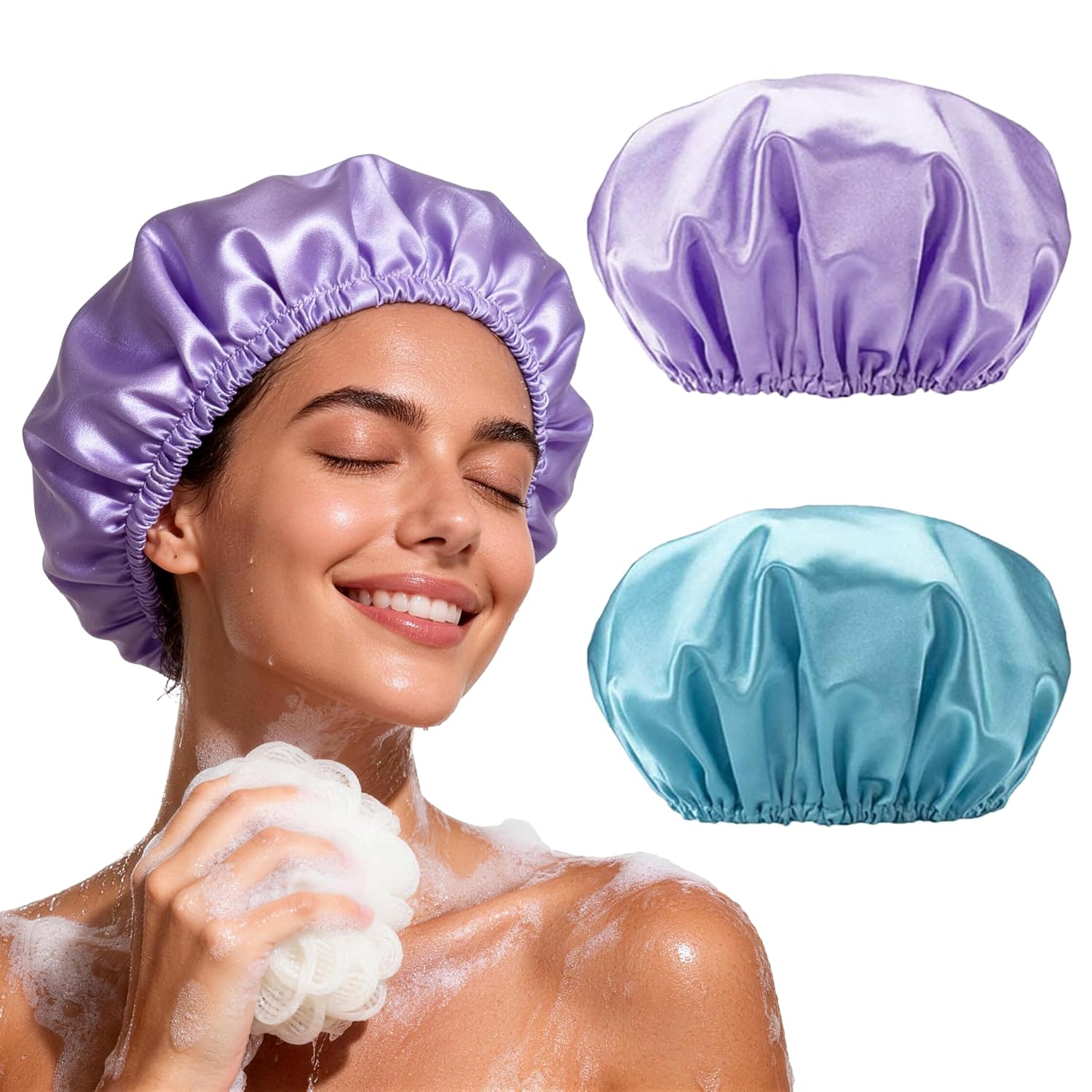 4 Pack Shower Caps for Women, Reusable Waterproof Double Layer Bath Cap, Large EVA Elastic Hair Cover for Shower, Fits Long Hair & Braids, for Spa & Home