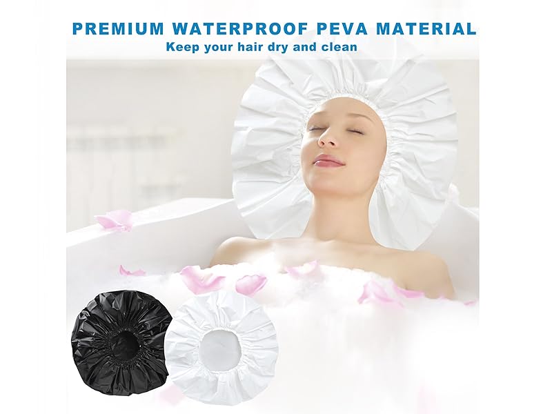 Super Jumbo Shower Cap 2 PCS Waterproof Shower Caps for Women, Extra Large Shower Cap, Reusable Super Large Bath Caps Hair Cap for Long Thick Curly Hair, Locs, Twist Braids - Black + White