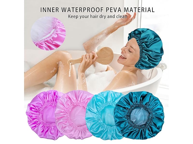 4 PCS Shower Caps for Women, Elastic and Reusable Bath Caps, Double Waterproof Layers Shower Cap, Bathing Shower Caps, Environmental Protection Hair Bath Hat - Printed Color