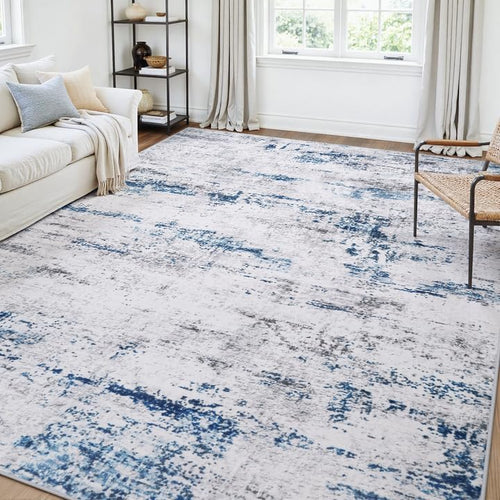 Area Rug Living Room Rugs: 5x7 Large Soft Indoor Carpet Modern Abstract Rug with Non Slip Rubber Backing for Under Dining Table Nursery Home Office Bedroom White Gray Blue