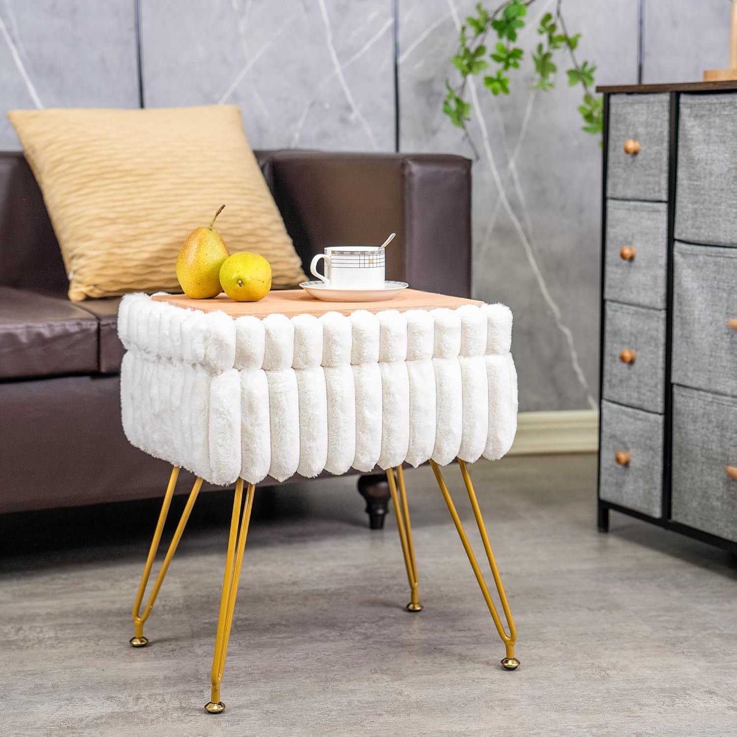 Faux Fur White Vanity Stool Chair with Storage Ottoman, Vanity Chair for Makeup Room, Vanity Stools for Bedroom, Footrest with Metal Legs and as a Coffee Table, White