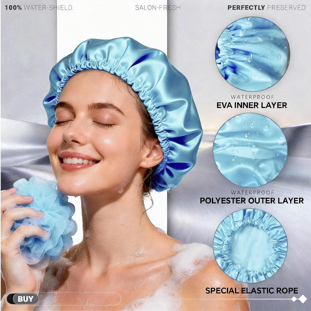 4 Pack Shower Caps for Women, Reusable Waterproof Double Layer Bath Cap, Large EVA Elastic Hair Cover for Shower, Fits Long Hair & Braids, for Spa & Home