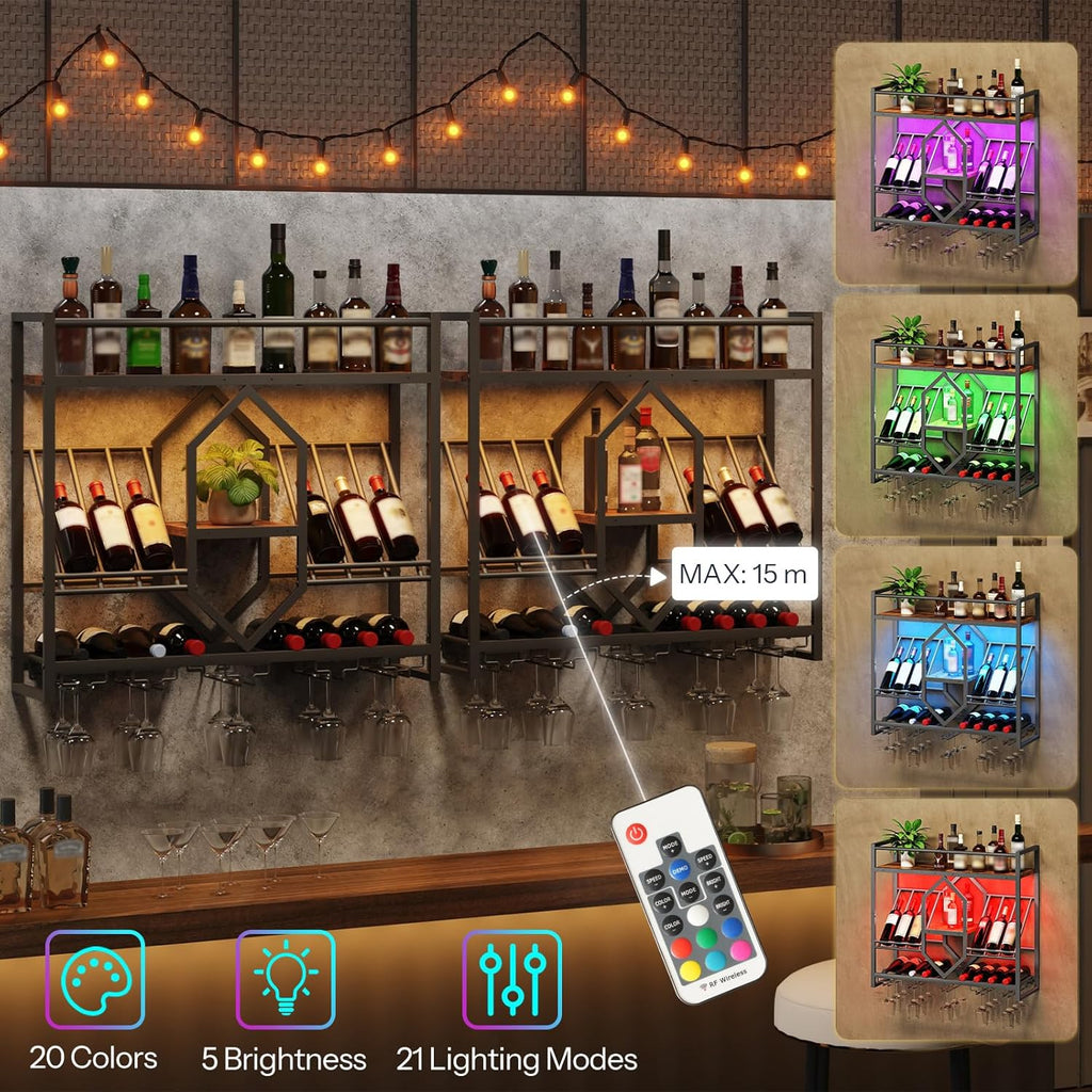HOOBRO Wall Mounted Wine Rack with LED Light, 31.5" Wine Shelf, 3 Tier Wine Bottle Display Shelf with Glass Holder, Hanging Bar Liquor Storage Rack, for Kitchen, Bar, Rustic Brown and Black BF73DBJ01