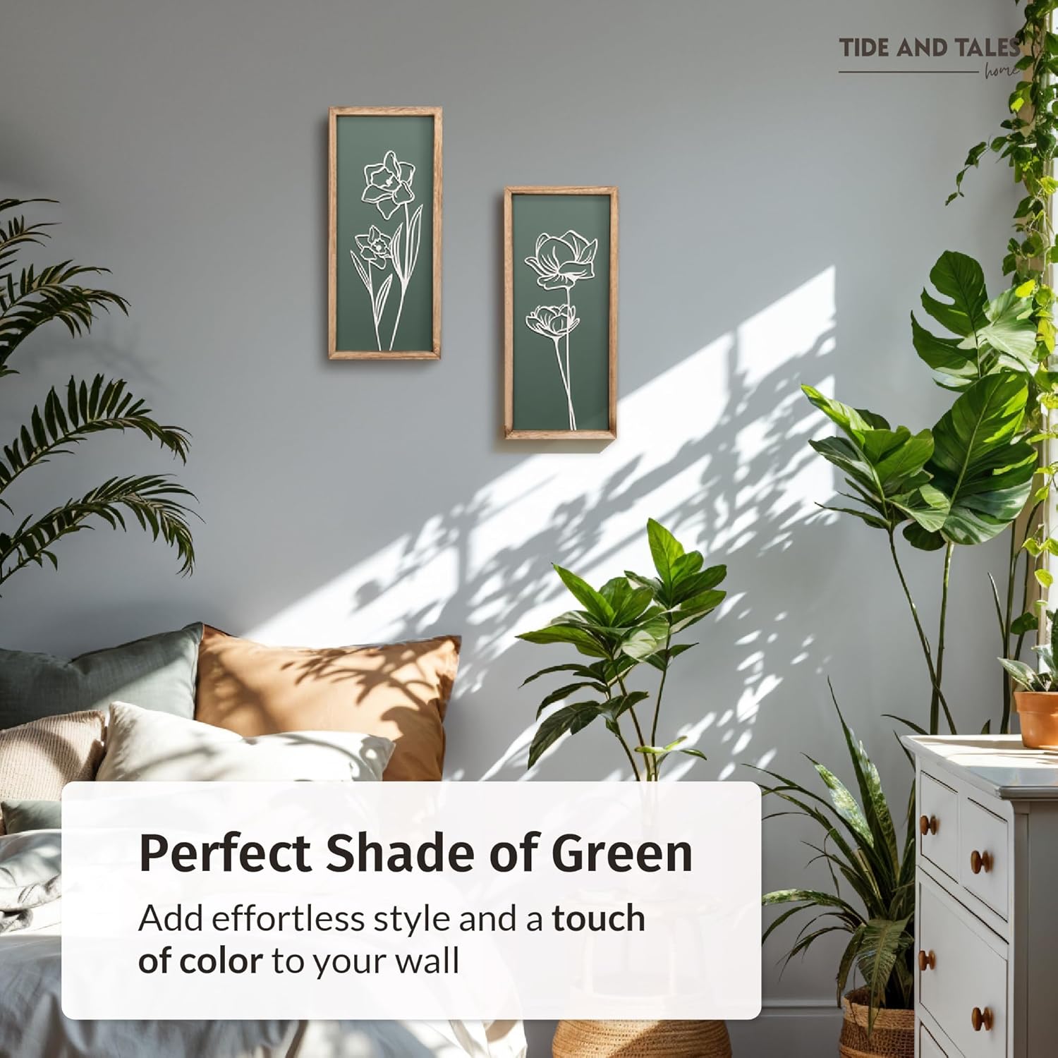 3D Floral Green Wall Art (Set of 2) Lightweight, Wooden Ready-to-Hang Boho Framed Wall Art for Bathroom, Bedroom, Living Room or Office – Premium Sage Green Farmhouse Decor – Gift-Boxed