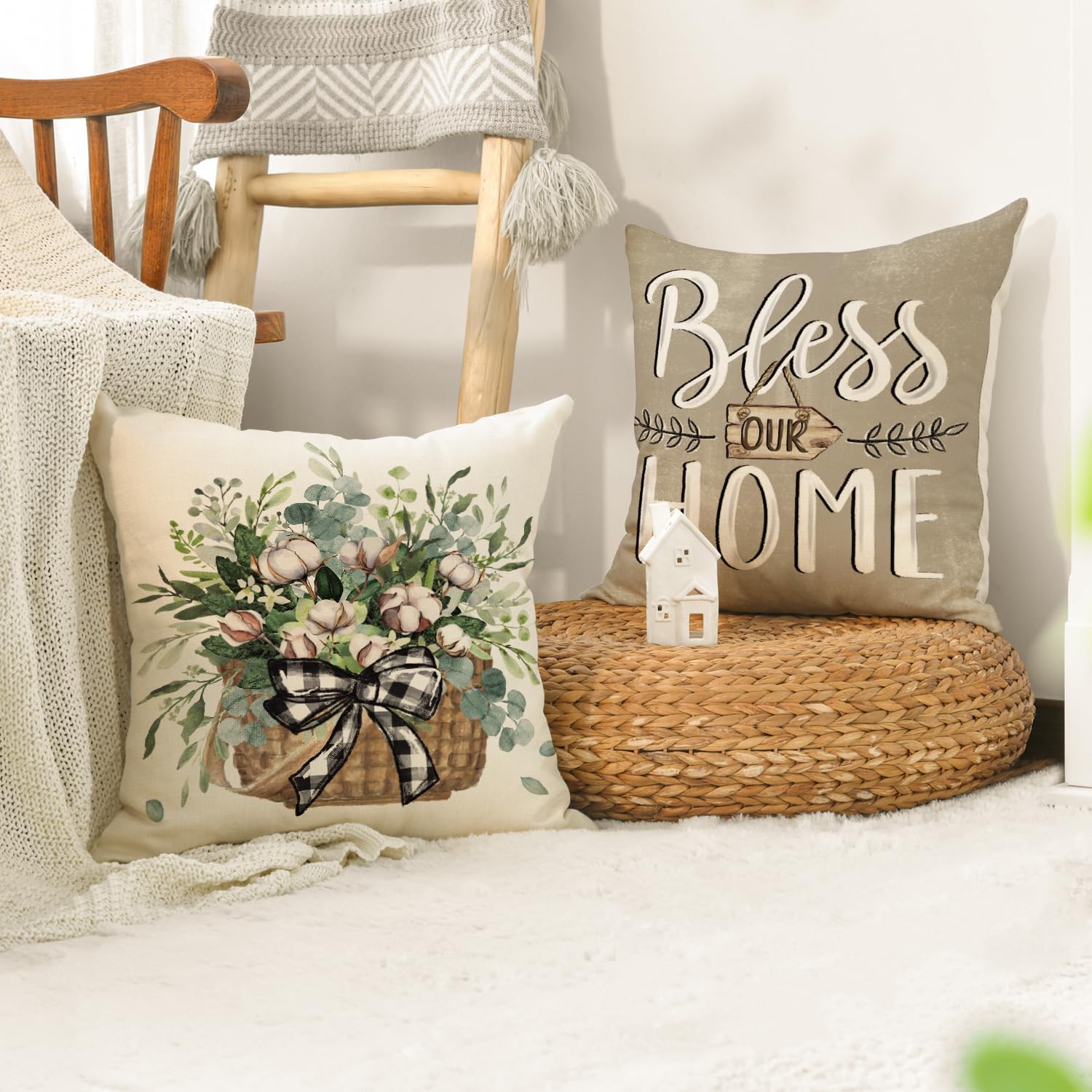 colorlife Bless Our Home Farmhouse Eucalyptus Leaves Throw Pillow Covers, 18 x 18 Inch Truck Home Sweet Home Cushion Case Decorations Set of 4
