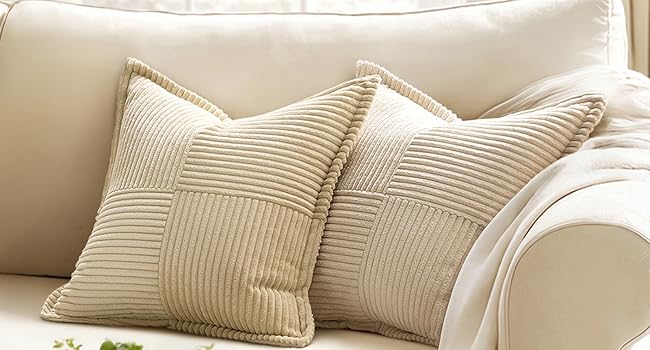 MIULEE Decorative Throw Pillow Covers for Couch Bed Livingroom 18x18 Inch Set of 2 Beige Boho Accent Throw Pllows Broadside Striped Patchwork Soft Corduroy Pillowcases